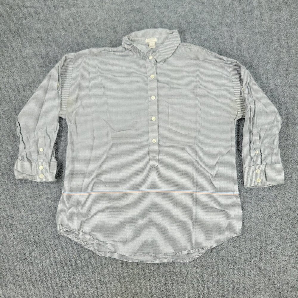 J Crew Button Shirt Women's Small Gray Striped Pocket 3/4 Sleeve Top Pullover